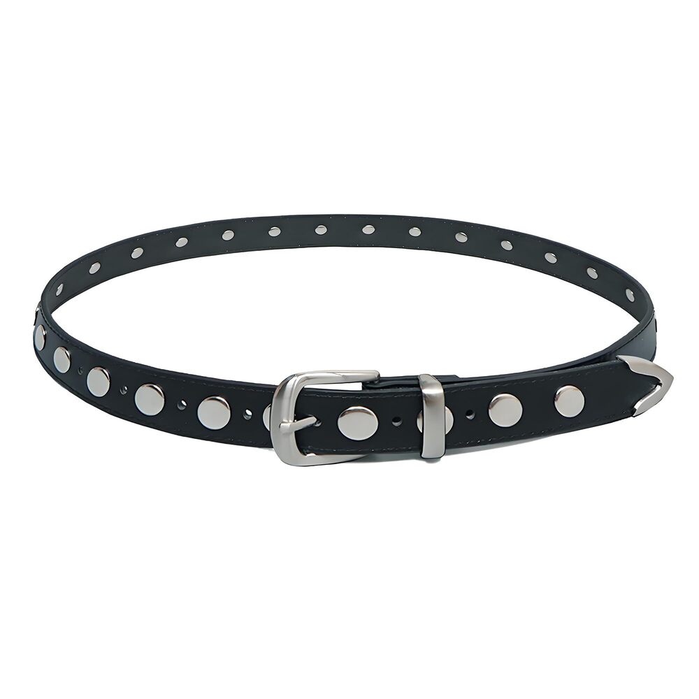 9997 Women Trend Y2k Studded Pu Leather Belt Solid Color Shiny Buckle Waist